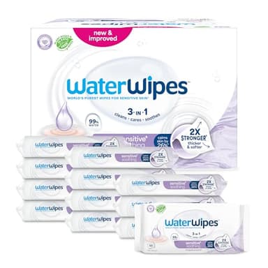 WaterWipes Sensitive+ Soothing Clean Wipes, Lingettes Apaisantes, 720 unités (12 paquets), 3-en-1 nettoie, soigne, apaise, 99% d'eau avec extraits botaniques, non parfumées