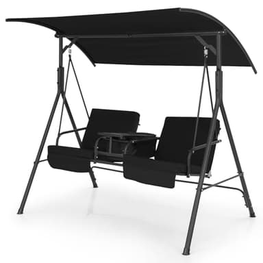GOPLUS Balancelle Jardin 2 Places 181x124x161,5 CM, Balancelle Canopy Inclinable 240° Ajustable avec Glacière, Plateau Rotatif, Porte-gobelets, Charge 240KG, Chaise à Bascule pour Patio Cour (Noir)
