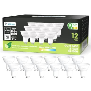 sailsco Classe B Ampoule GU10 LED Blanc Chaud,4.9W équivalent 105W,780LM 2700K Ampoule LED GU10 Blanc Chaud,110° Angle Du Faisceau,Non-Dimmable,Lot de 12