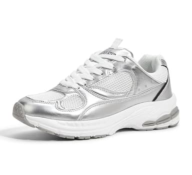 LUCKY STEP Chaussures de Running Femme – Baskets Chunky avec Semelle Épaisse, Respirantes, Légères et Confortables pour Marche, Mode Casual et Sport (Argent, 6US-36EU-3UK)