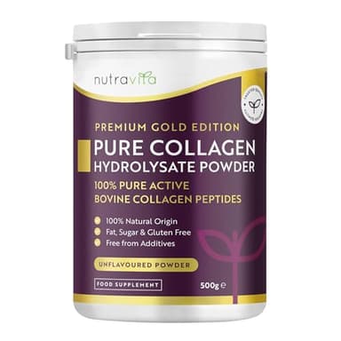 Nutravita Poudre de Collagene 500g - 100% Premium Peptides de Collagène Hydrolysés Pur, Type 1-50 Portions, Goût Neutre - Peptide de Collagen Hydrolysat - Collagene Bovin à Boir - 8 Acides Aminés