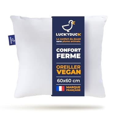 Luckyduck Oreiller Confort Ferme 60x60 - Soutien Tonique et Structuré - Garnissage Microfibre Haute Densité - Satin Coton - Durable et Lavable en Machine