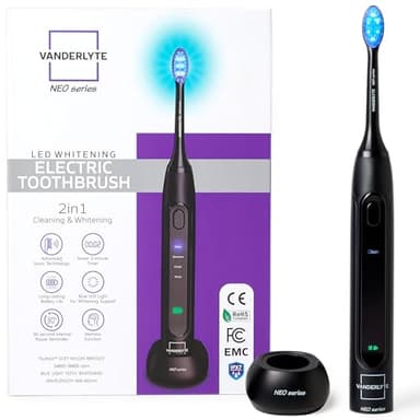 VANDERLYTE-Brosse à Dent Électrique Sonique Noire Étanche - Lumière LED Blanchissante - 4 Modes - Minuteur Intégré - Chargeur à Induction