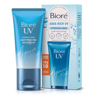 Biore Aqua Rich UV FPS50 - Haute Protection UV au Quotidien & Hydratation - Crème solaire visage - Acide hyaluronique - Texture non grasse et invisible - Tous types de peaux et carnations
