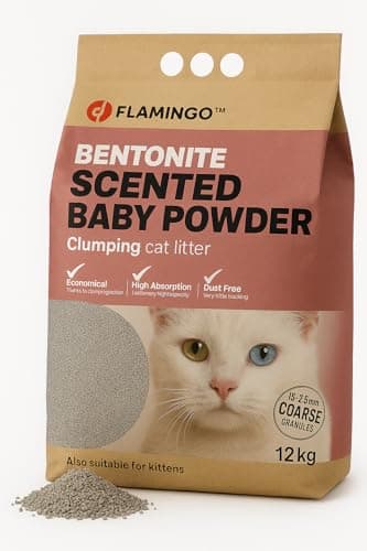 Flamingo - Litière Chat - 12L (12kg) pour 10 semaines - Litière agglomérante - Gros Grains - Parfum Talc bébé - Origine Europe
