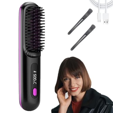 Brosse Lissante Portable Sans Fil, Brosse Chauffante Cheveux Court, Anti-BrûLure Avec éCran Led Rechargeable Pour Tous Les Types De Cheveux (Black)