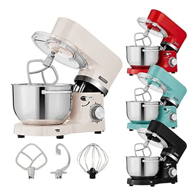 Arebos Robot de cuisine 1500W Crème | Pétrin avec 2x bols en inox 4,5 & 5,5L | Mixeur de cuisine avec crochet mélangeur, crochet pétrisseur, fouet et protection anti-éclaboussures | 6 vitesses