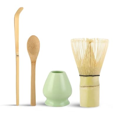 【4 Pièces Matcha Kit】Kit Matcha Complet avec Fouet à Matcha (Chasen), Cuillère Traditionnelle (Chashaku), Cuillère à Thé et Support pour Fouet – Accessoire de Cérémonie du Thé Japonais