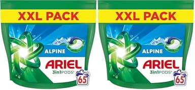 Ariel 3en1 PODS, Lessive Liquide En Capsules 65 Lavages, Alpine, Élimination Impeccable Des Taches En Un Seul Lavage, Dissolution Rapide Même À Froid (Lot de 2)