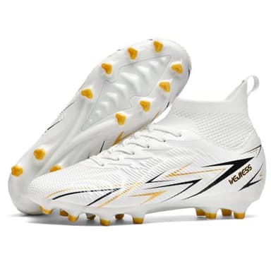 Msport Chaussures de Football Enfants/Adolescents à Crampons – Antidérapantes, Légères et Confortables – Idéales pour Gazon Naturel et Synthétique - Blanc 36 EU