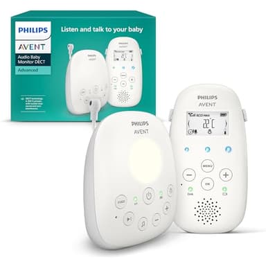 Philips Avent DECT - Écoute-bébé Audio avec veilleuse et berceuses, Conversation bidirectionnelle, portée de 330m, autonomie de 18h, Connexion sécurisée, capteur de température, Son Clair, SCD713/26