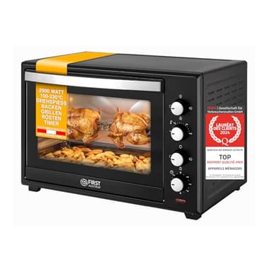 TZS First Austria Mini Four électrique 45L, Four à convection 2000W, Réglage de la température 100-230°, Grille et Plaque de Four, Double Vitrage, Rôtissoire, four electrique chaleur tournante, Noir