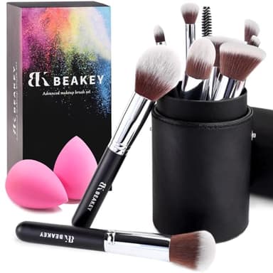 BEAKEY Lot de Pinceaux de Maquillage Pour Fond de Teint, Poudre, Fard à Paupières(10 + 2 Pièces, Avec étui Noir)