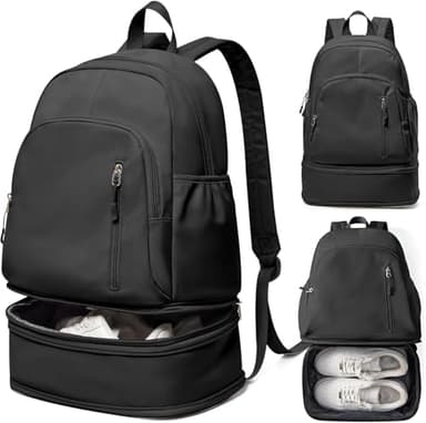 Sac à dos léger pour gymnase pour femmes et hommes avec compartiment pour chaussures, sac imperméable pour le sport avec poche pour objets mouillés - Noir