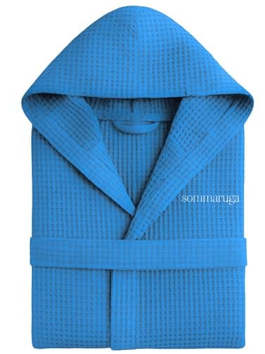 Peignoir Nid d'Abeille Femme et Peignoir Nid d'Abeille Homme en Coton avec Capuche Poches et Ceinture, Léger et pour Voyage S-XXXL, L