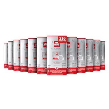 illy, Café en Dosettes E.S.E Monodose Torréfié CLASSICO, 100% Arabica avec des Notes de Fleur d'Oranger et de Jasmin, un Goût Doux et un Arrière-goût Sucré, 12 Paquets de 18 Dosettes Compostables