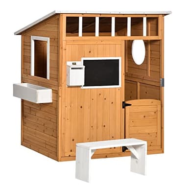 Outsunny Cabane de Jeu pour Enfant Maison de Jardin en Bois Porte et fenêtres, Banc, Boite aux Lettres, Tableau, de 3 à 8 Ans dim. 122L x 108l x 135,5H cm Bois Naturel