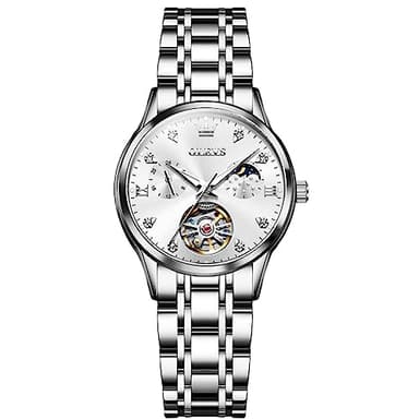 OLEVS Montre automatique de luxe pour femme - Avec diamants - Phase de la lune - Remontage automatique - En acier inoxydable - Étanche à 30 m - Aiguilles lumineuses - Cadran bleu - Élégante montre