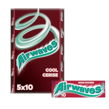 AIRWAVES - Chewing Gum Sans Sucre - Goût Cool Cerise - 5 Paquets de 10 Dragées - 70g