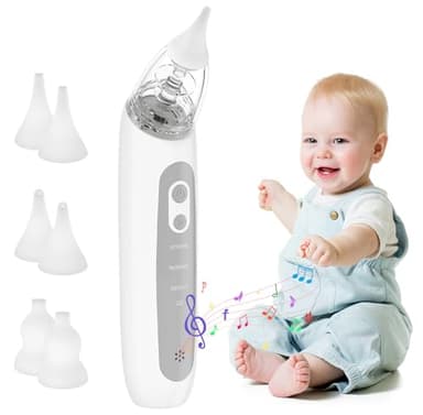 Mouche Bébé Electrique, Aspirateur nasal pour bébé avec 3 niveaux d'aspiration, Comprend 6 silicone doux(3 types, deux de chaque) Rechargeable mouche pour les tout-petits et les tout-petits (Blanc)