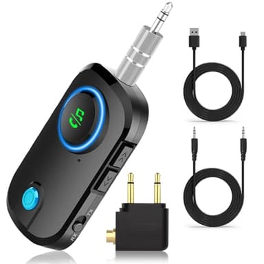 Emetteur Bluetooth Récepteur 5.3, 2 en 1 Adaptateur Bluetooth Avion Transmetteur, 3,5 mm Blue Tooth Jack AUX Prend en Charge 2 AirPods/Casques pour TV PC Voiture Gym Sport Avion