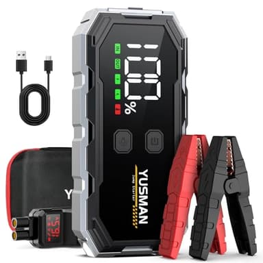YUSMAN Booster Batterie Voiture - 4000A Démarreur Batterie Voiture Supersafe(Jusqu'à 7L GAS/5.5L Diesel), 12V Jump Starter avec LED, 5 V/3A, QC3.0,Sortie USB, Pince Sécurité Intelligentes et Ecran LCD
