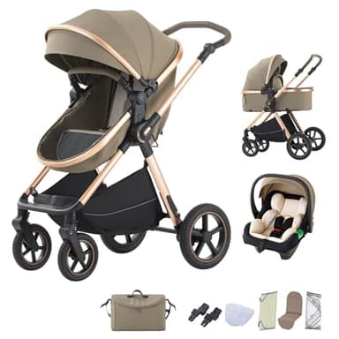 BEBBY Poussette 3 en 1, Poussettes Combinée Portable Pliant en Un Clic，Poussettes Citadines Avec Siège Auto, Poussette Canne Paysage Haut Cadre en Aluminium Pour Nouveau-né (D2-LIGHT BROWN, H2-D)