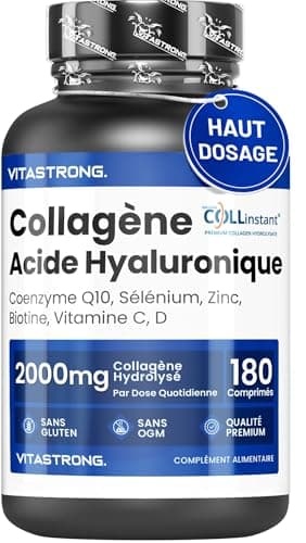 COLLAGENE et ACIDE HYALURONIQUE Vitastrong - 2000mg Collagène COLLinstant avec Biotine, Coenzyme Q10, Zinc, Sélénium, Vitamine C, Vitamine D - Formule Efficace - Qualité Premium