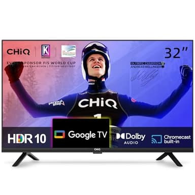 CHIQ L32H7G 32 Pouces TV Smart TV HD LED Design sans Cadre HDR Google TV Google Assistant, Google Play Chromecast intégré Dolby Audio,WiFi Bluetooth HDMI USB2.0 CI+ 2023