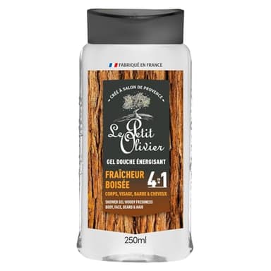 LE PETIT OLIVIER - Gel Douche Homme 4 en 1 - Fraîcheur Boisée - Corps Visage, Barbe & Cheveux - Parfum Frais & Énergisant - Nettoie en Douceur - PH Neutre Pour la Peau - Fabriqué en France - 250ml