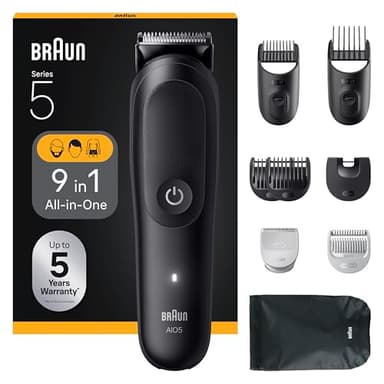 Braun Tondeuse Tout-En-Un Series 5, 9-En-1, Lame Ultra Affûtée, 120 Min D’autonomie, Protection SkinGuard Pour Le Corps, Coupe Précise Et Efficace, Manche AquaGrip Pratique Sous L'eau, AIO5540, Noir