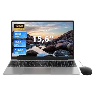 Ordinateur Portable 15.6 Pouces, 16Go RAM 512Go SSD In tel N95 PC Portable (Jusqu'à 3,4 GHz) avec Clavier Rétroéclairé, 1920 * 1080 IPS, 2.4/5.0G WiFi, BT5.0, USB 3.0×2, Pliage à 180°, Souris incluse