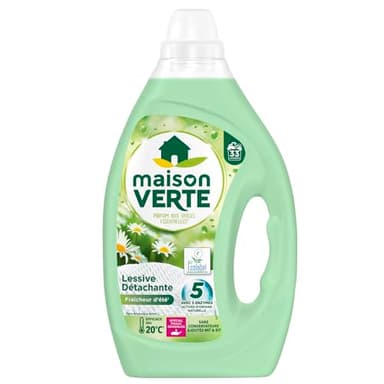 Maison Verte - Lessive Liquide - Parfum Fraîcheur d'Ete - Lessive Détachante - Spécial Peaux Sensibles - Efficace dès 20°C - 5 Enzymes Actives d'Origine Naturelle - Sans Conservateurs - 33 Lavages