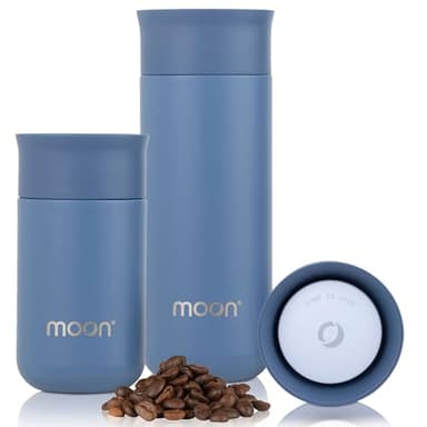 Moon Tasses de voyage à 360° | Version S-2 pour une meilleure performance thermique et facile à nettoyer – Tasse à café de voyage 100% étanche – Flasques pour boissons chaudes et froides (260ml, Bleu)