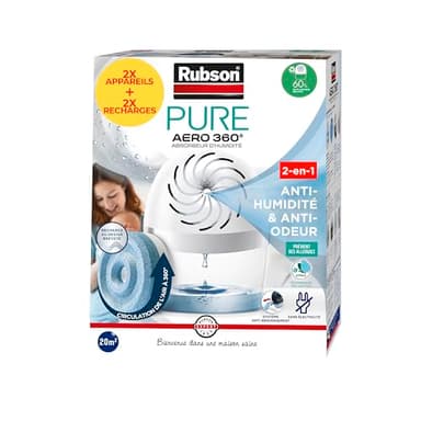 Rubson | Absorbeurs d'humidité AERO 360° Pure (2 appareils + 2 recharges) – Lot de 2 assainisseurs et déshumidificateurs d’air pour pièces de 20 m² – Recommandé par l'AFPRAL*