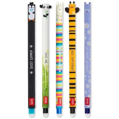 LEGAMI Lot de 5 stylos gel effaçables avec encre thermosensible, gamme de couleurs d'encre et de motifs, pointe de 0,7 mm, pingouin, panda, lama, abeille et hippopotame