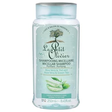 LE PETIT OLIVIER - Shampooing Micellaire Soin Purifiant - Aloe Vera & Thé Vert - Purifie & Allège - Cheveux Normaux À Gras - Sans Silicone/Sulfate - Fabriqué en France - 250 ml