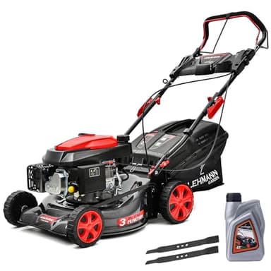 Lehmann LGALM-2642 Tondeuse à gazon à essence avec traction arrière, 146 cm3 2,6 kW, largeur de coupe 42 cm, boîtier en acier robuste, hauteur de coupe réglable sur 5 niveaux 25-70 mm, poignée avec