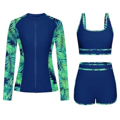 Maillots de Bain 3 Pièces Femme Rashguard Set Maillot de Surf Manches Longues Protection Solaire Anti-UV T-Shirt Top de Sport pour Vacances Surf Plage Natation Maillot de Bain Shorty Séchage Rapide