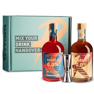 REBELS 0.0% Dolce Spritz sans alcool + coffret cadeau Sweet Amaretto I Avec gobelet doseur I Parfait pour les cocktails et mocktails sans alcool I 2 x 500 ml I Végétalien Qualité suisse de qualité