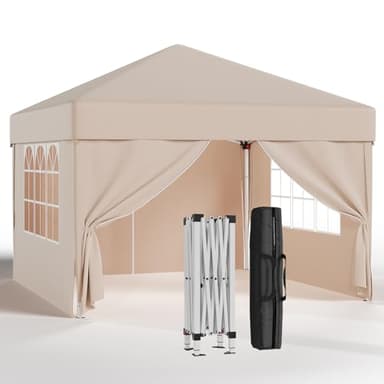JUMMICO Tonnelle Pliante 3x3 Imperméable,Tonnelle de Jardin Exterieur avec 4 Côtés,Tonnelle Pliante Hauteur Réglable, Barnum UV50+,Tonelle pour Camping Festival Plage Jardins,Beige