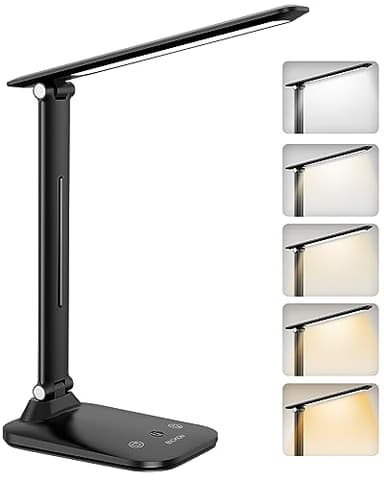 BICKON Lampe de Bureau LED - Doux pour les Yeux,Lampe Tactile avec Minuterie & Mémoire,5 Modes d'éclairage & Luminosité Réglable,Alimentation USB-C,pour Enfants, Étude,Travail de Bureau [Noir]