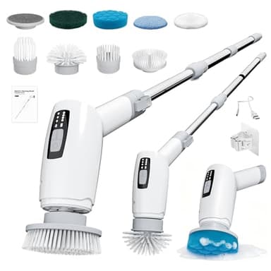 Cleangor Brosse Électrique Nettoyage Rotative, Brosse Nettoyage Salle de Bain avec 9 Têtes de Brosses Remplaçables, 3 Vitesses, Extension Réglable, pour Salle de Bain, Cuisine et Sol (1, Blanc)