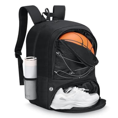 MoKo Sac à dos de sac de basket-ball, sac à dos de football pour hommes et femmes avec compartiments séparés pour le ballon et les chaussures, résistant à l’eau, crochet de clôture, sac de sport, Noir