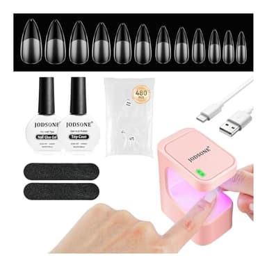 JODSONE Kit de manucure avec lampe UV LED portable - 480 capsules transparentes longues en forme d'amande, gel à séchage rapide, colle et top coat, idéal pour les débutants et le nail art DIY