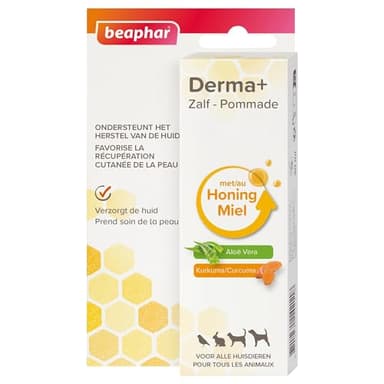 BEAPHAR – Pommade Derma+ – Peaux endommagées & piqûres d’Insectes – Répare et protège Les Peaux sèches et abîmées – au Miel, au Curcuma et à l'Aloe Vera – pour Tous Les Animaux – 30 ML