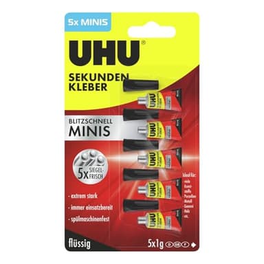 UHU Super Glue - Glue Extra-Forte Liquide - Multi-Supports : Plastique, Métal, Bois, Matériaux Non Poreux - Ne Coule Pas - Résistante à L'eau - Transparente - 5 Tubes de 1 g