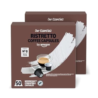 by Amazon Capsules de Café en Plastique Ristretto Compatibles Nespresso, Torréfaction Moyenne, 100 Unités (2 Paquets de 50) – Certifiées Rainforest Alliance