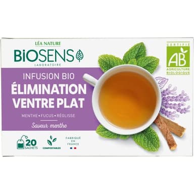 Biosens - Infusion Elimination Ventre plat - Menthe, Fucus et Réglisse - Certifié Bio AB - Fabriqué en France - 20 sachets