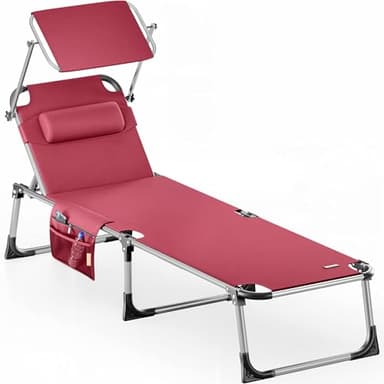Casaria® Chaise Longue de Jardin Malta Rouge 210cm Transat avec Pare-Soleil réglable Bain de Soleil Pliable de Plage Camping